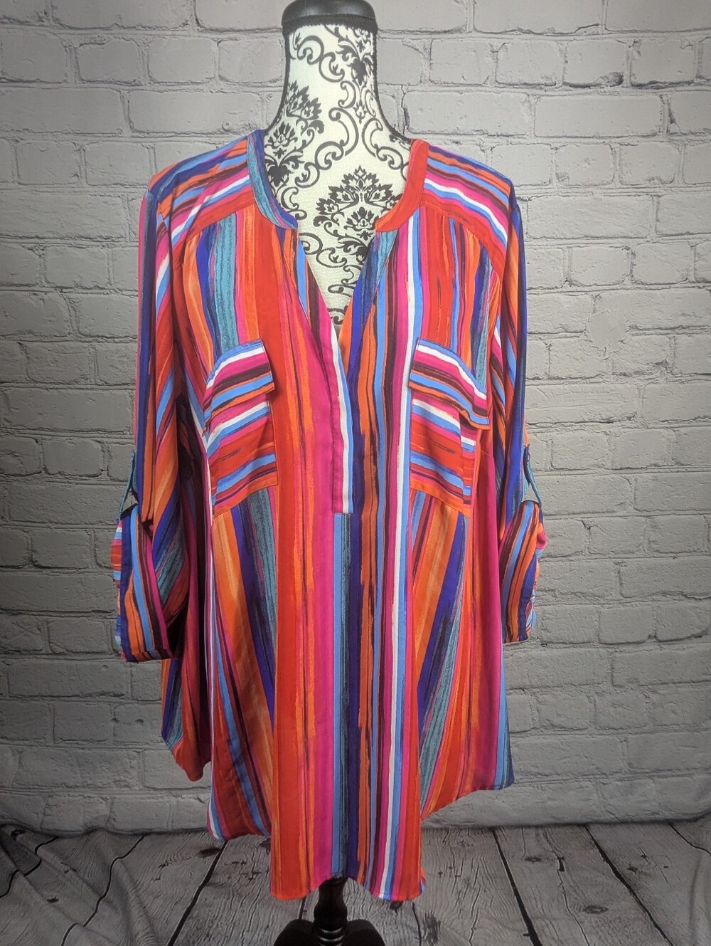 torrid Bright Multi-Stripe Split-Neck Tunic in Orange, Pink & Blue B32
